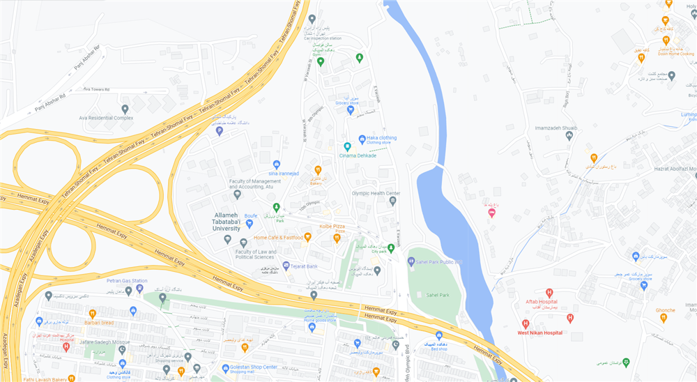 نقشه شهرک دهکده المپیک تهران که کروکی این محله را نشان داده و امکانات و خیابان های اطراف دهکده المپیک را نشان داده است